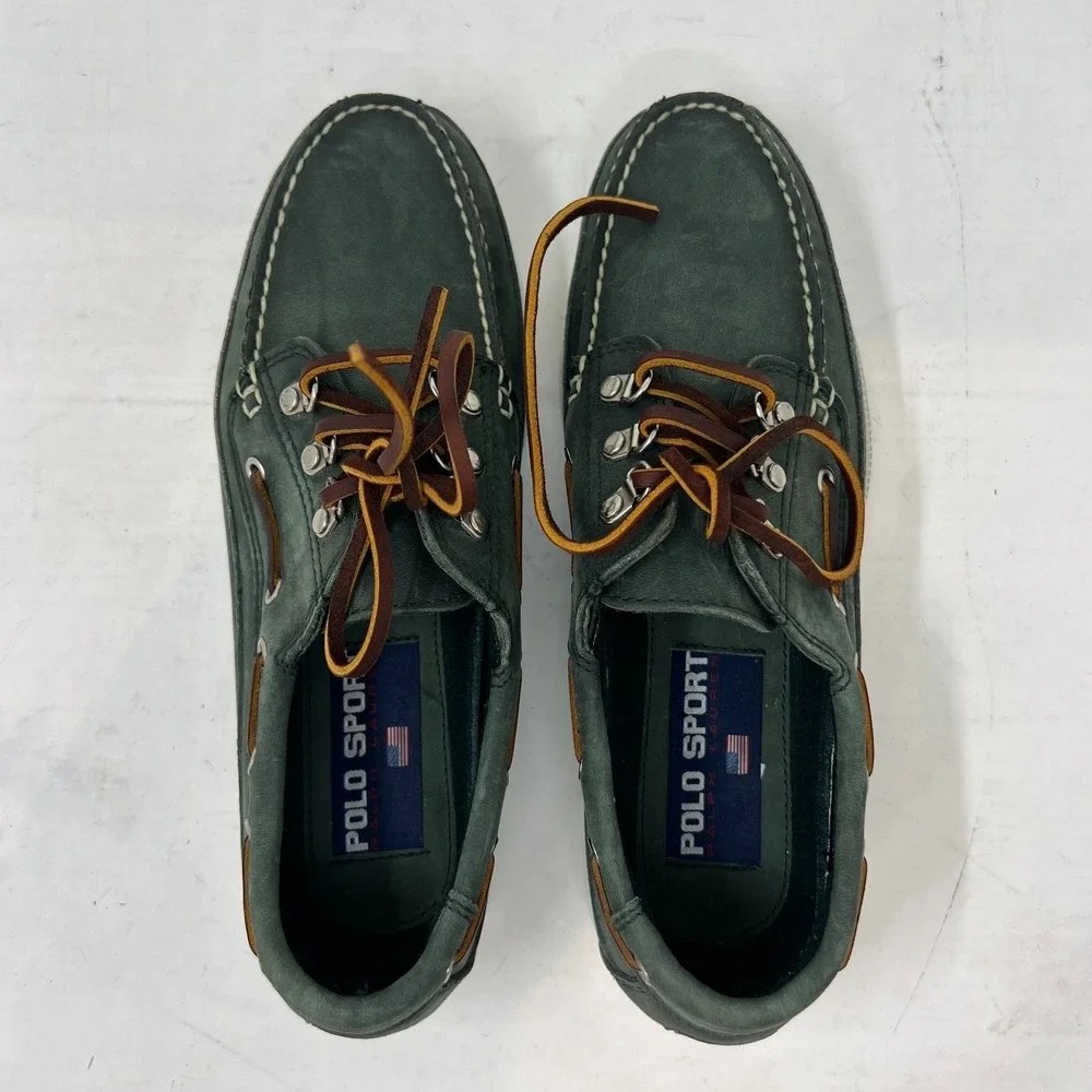 Polo Sport Ralph Lauren Boat‎ Shoes Loden Leather Moc Toe Green Men's 8D VTG NEW